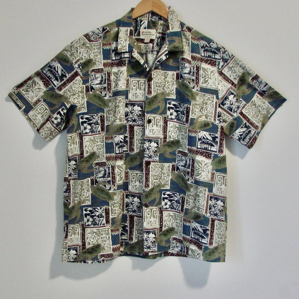 Hawaiian Short Sleeve Shirt Turtles Palm Trees Blue Green Made in Hawaii Size XL